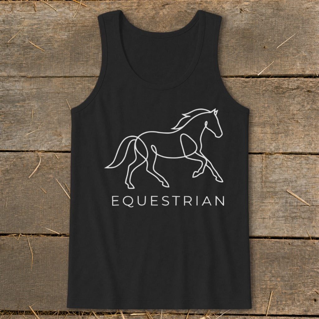 Black tank top with a white line drawing of a horse and the word "EQUESTRIAN".