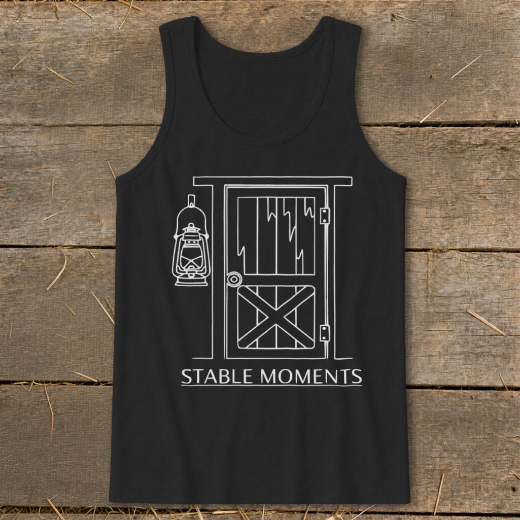 Black tank top with white line art of a barn door and lantern, text reads "STABLE MOMENTS".