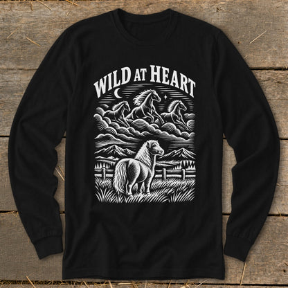 Black long-sleeve shirt with "WILD AT HEART" text and a herd of horses in a landscape.