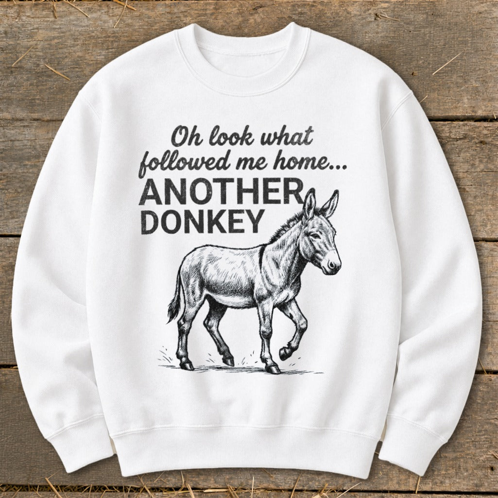 White sweatshirt with a drawing of a donkey and the text "Oh look what followed me home... ANOTHER DONKEY".