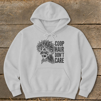 White hoodie with a graphic of a rooster and the text "Coop Hair Don't Care."