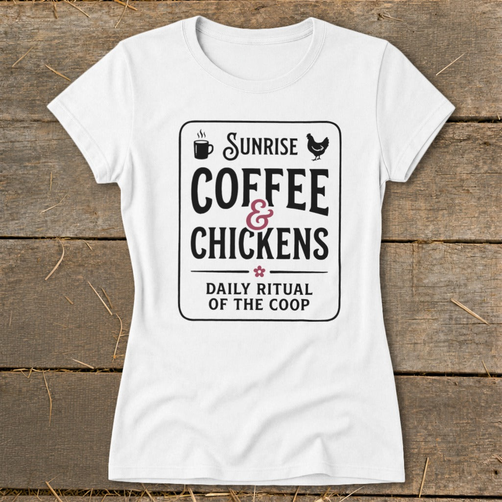White t-shirt with "Sunrise Coffee & Chickens Daily Ritual of the Coop" text and graphics.