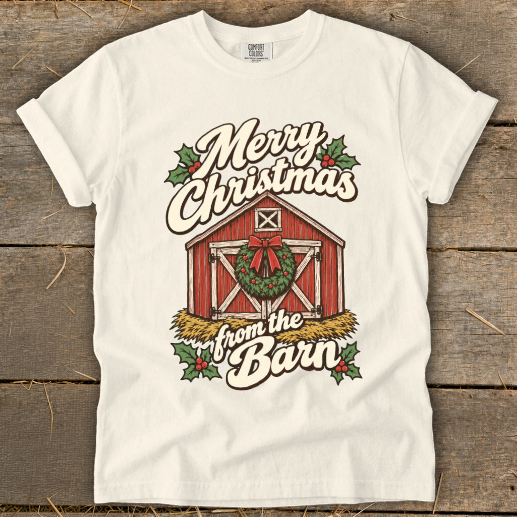 White t-shirt with red barn graphic, wreath, and "Merry Christmas from the Barn" text.