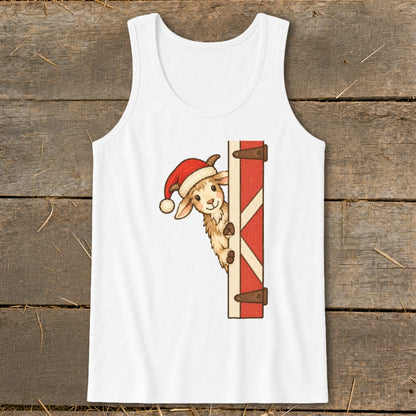 White tank top with a cartoon goat in a Santa hat peeking from behind a red barn door.