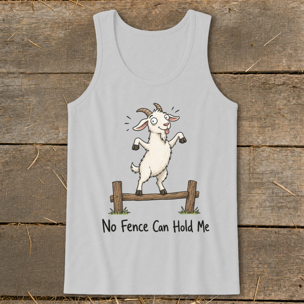 Cartoon goat balances on a fence with text "No Fence Can Hold Me".