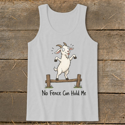 Cartoon goat balances on a fence with text "No Fence Can Hold Me".