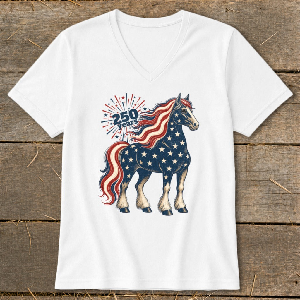 White v-neck t-shirt with American flag-themed horse and "250 years" text.