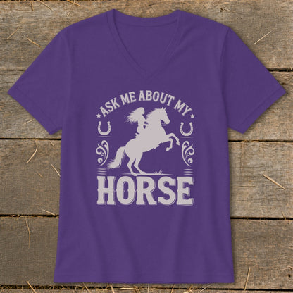 Purple v-neck t-shirt with "Ask Me About My Horse" and horse graphic.