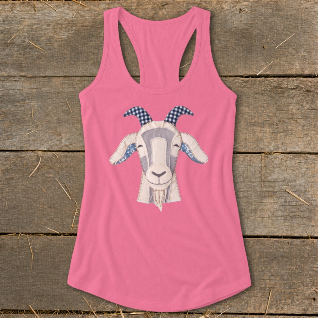 Pink tank top with a patchwork goat head graphic.