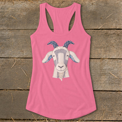 Pink tank top with a patchwork goat head graphic.