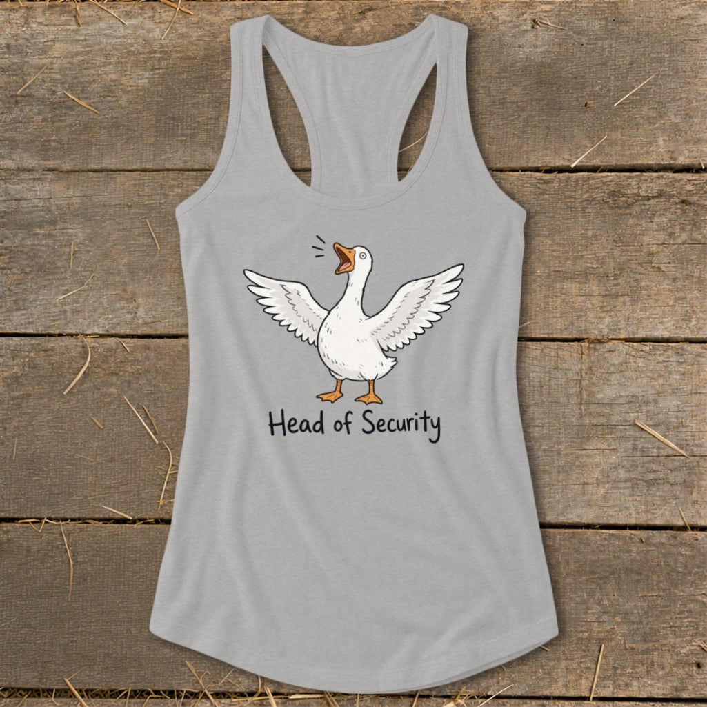 Grey tank top with a cartoon goose and "Head of Security" text.