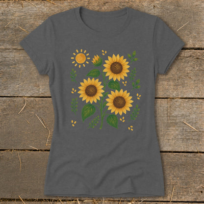 Dark grey t-shirt with a watercolor print of sunflowers and a sun.