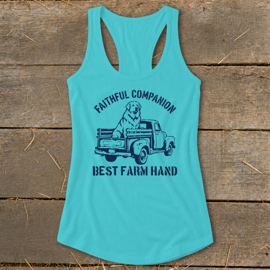 Turquoise tank top with dog in truck graphic and text "Faithful Companion" and "Best Farm Hand".