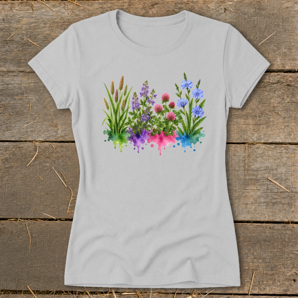 Light gray women's t-shirt featuring a watercolor graphic of wildflowers over colorful paint splatters.