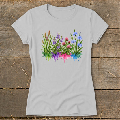 Light gray women's t-shirt featuring a watercolor graphic of wildflowers over colorful paint splatters.