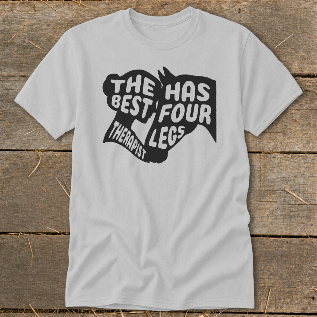 Light grey t-shirt with black text and horse head graphic saying "The best therapist has four legs."