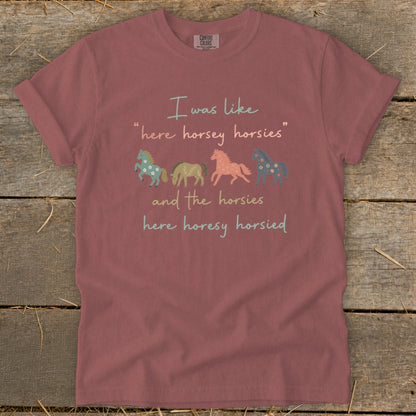 T-shirt with "I was like 'here horsey horsies' and the horsies here horesy horsied" and four horses.