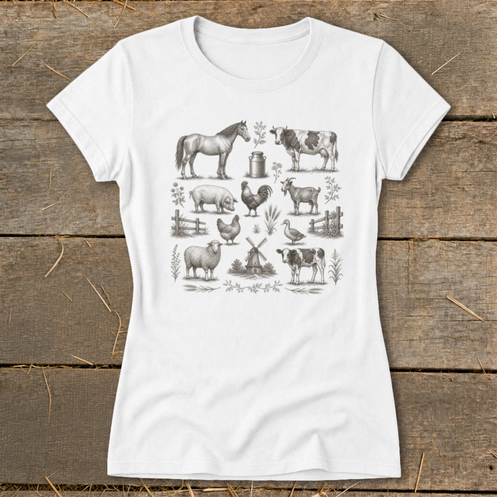 White t-shirt with vintage farm animal illustrations including horse, cow, pig, and sheep.