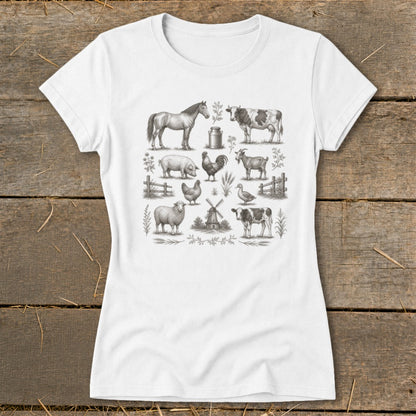White t-shirt with vintage farm animal illustrations including horse, cow, pig, and sheep.