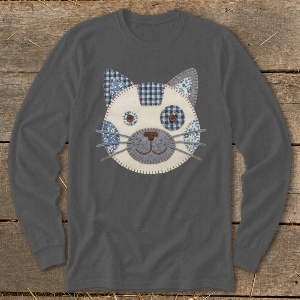 Gray long-sleeve shirt with a fabric appliqué of a cat's face.