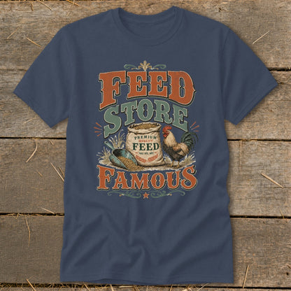 T-shirt graphic with "Feed Store Famous" text, a sack of feed, a scoop, and a rooster.