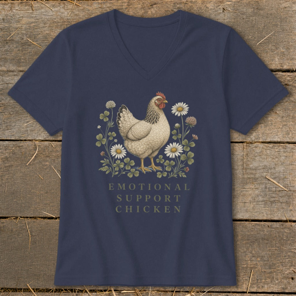 Navy t-shirt with "Emotional Support Chicken" text and a chicken illustration.