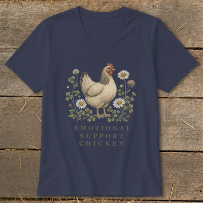 Navy t-shirt with "Emotional Support Chicken" text and a chicken illustration.