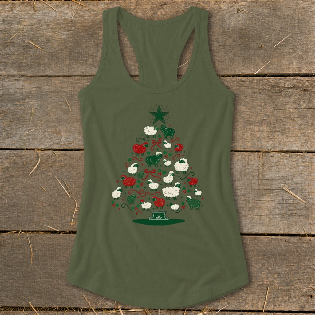 Olive green tank top with a Christmas tree made of sheep and festive accents.