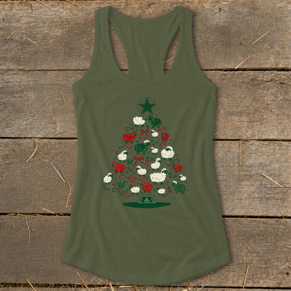 Olive green tank top with a Christmas tree made of sheep and festive accents.