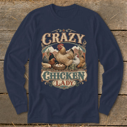 Navy long-sleeve shirt with "Crazy Chicken Lady" graphic featuring chickens and eggs.