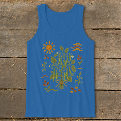 Blue tank top with a detailed illustration of a pea plant, sun, and abstract lines.