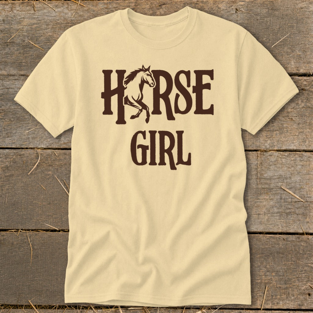 Light yellow t-shirt with "Horse Girl" text and a running horse graphic.