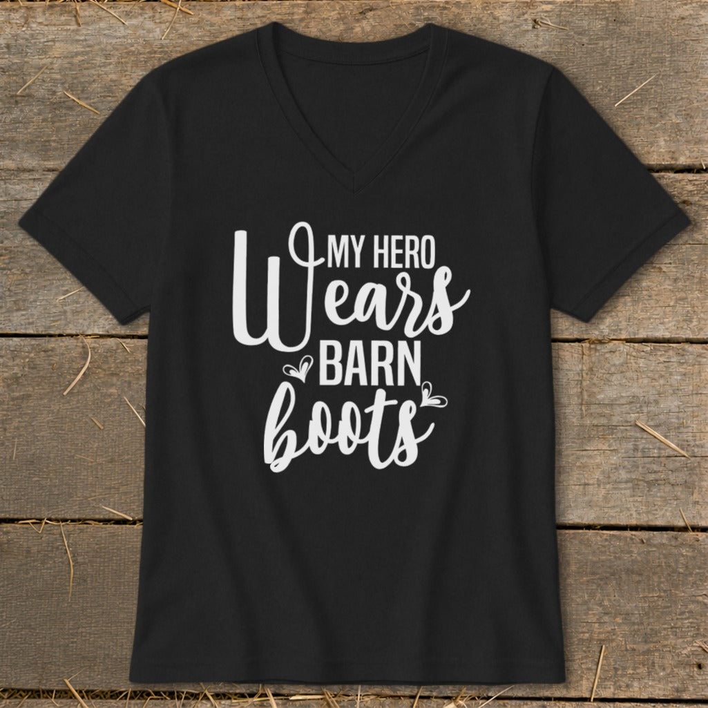 Black t-shirt with white text "My Hero Wears Barn Boots".