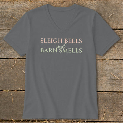 Gray v-neck t-shirt with "Sleigh Bells and Barn Smells" text.
