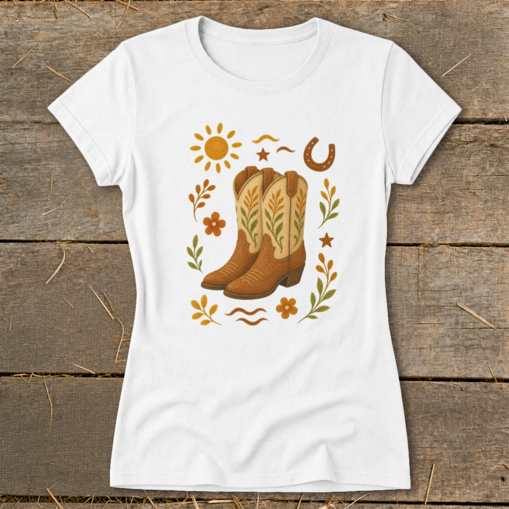 White t-shirt with a graphic of cowboy boots surrounded by a sun, horseshoe, and floral elements.