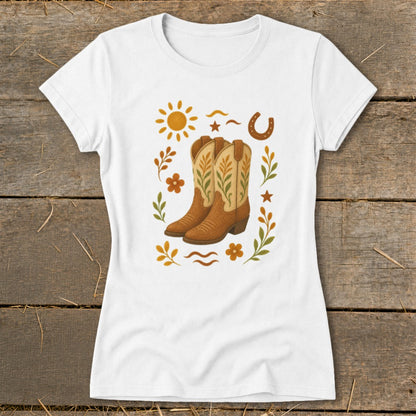 White t-shirt with a graphic of cowboy boots surrounded by a sun, horseshoe, and floral elements.