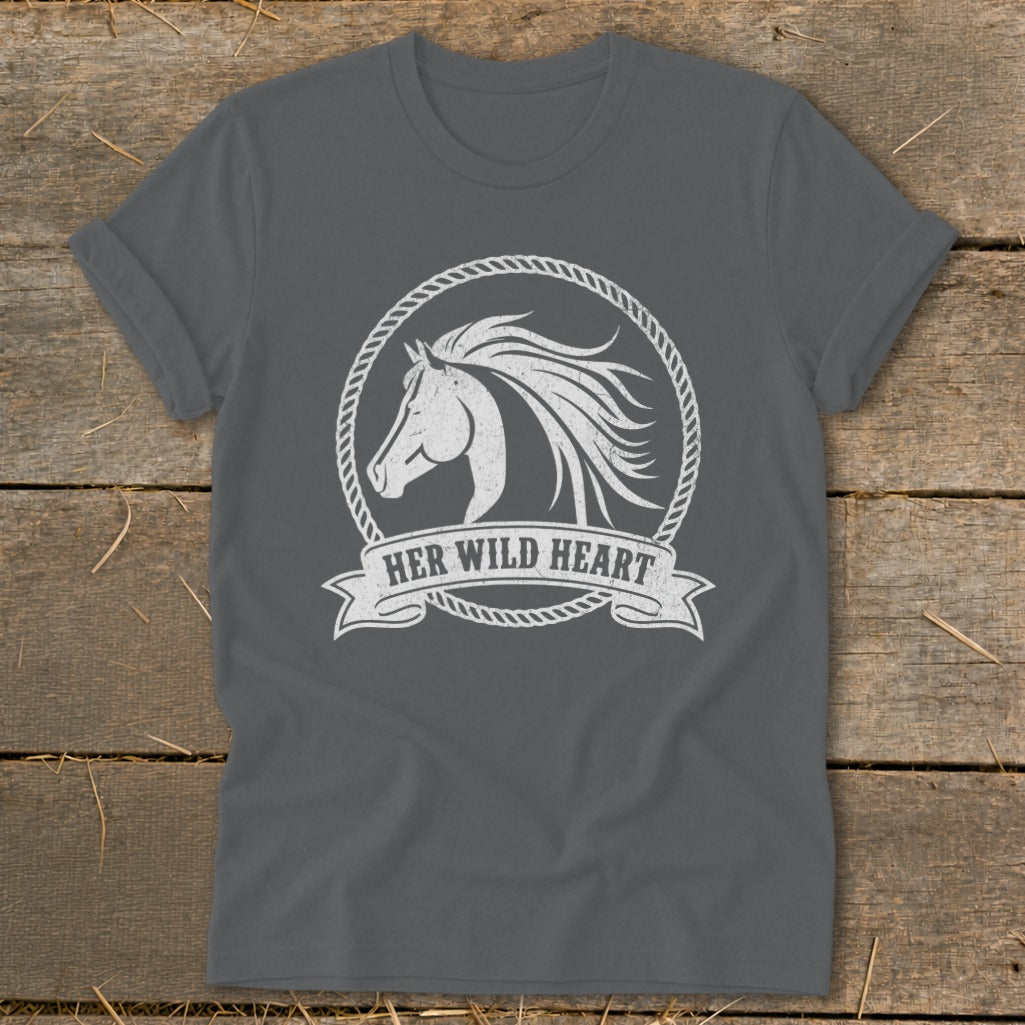 Grey t-shirt with white horse head design and "Her Wild Heart" text.