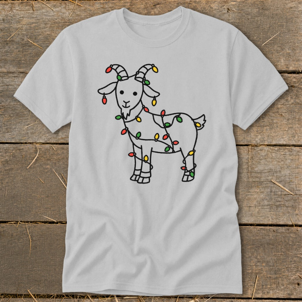 Light grey t-shirt with a whimsical goat outline decorated with colorful Christmas lights.
