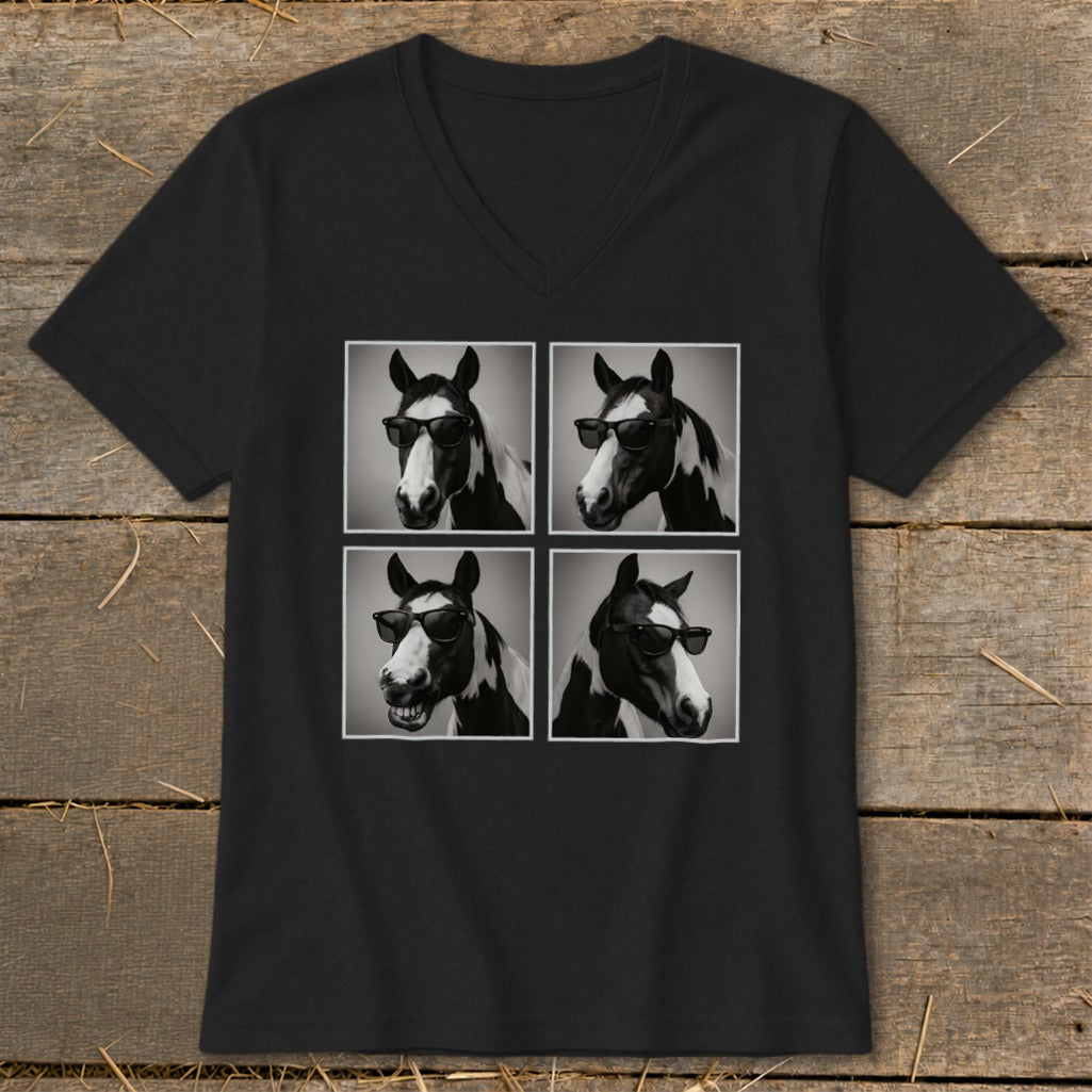 Black t-shirt with four black and white images of a horse wearing sunglasses.