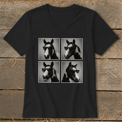 Black t-shirt with four black and white images of a horse wearing sunglasses.