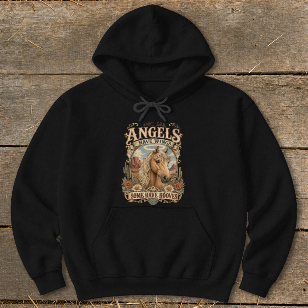 Black hoodie with a distressed graphic of a horse, cacti, and desert landscape, reading "Not All Angels Have Wings, Some Have Hooves."