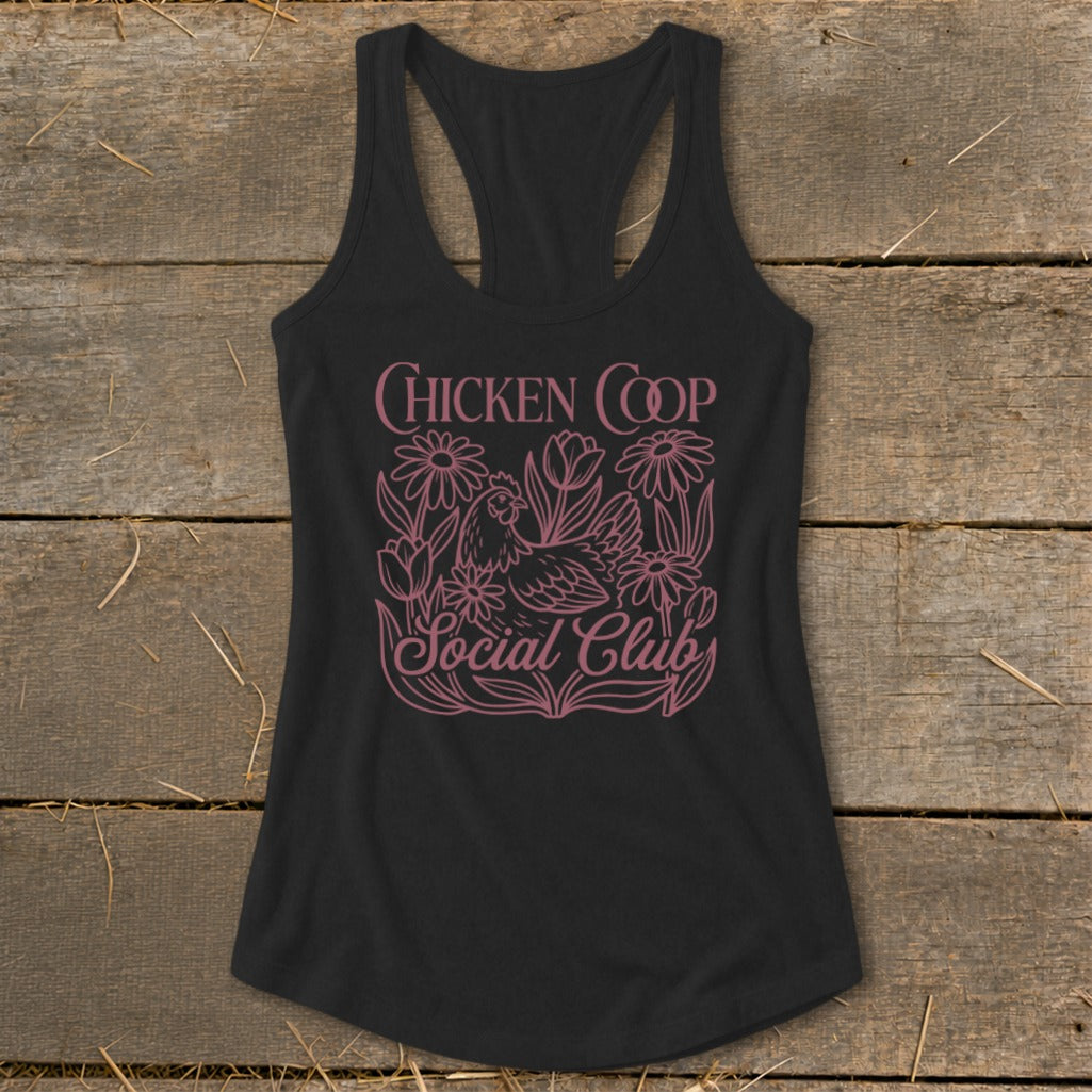Black tank top with pink "Chicken Coop Social Club" text and floral chicken graphic.