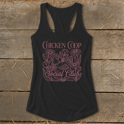 Black tank top with pink "Chicken Coop Social Club" text and floral chicken graphic.