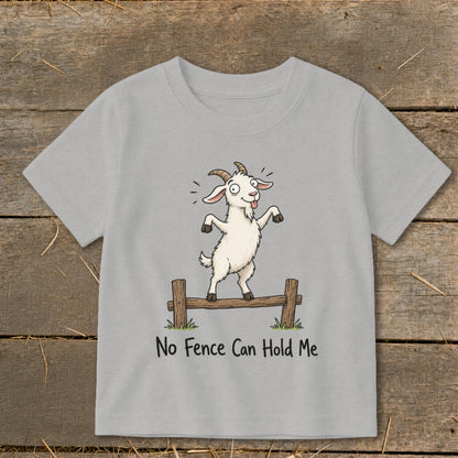 Light grey t-shirt with cartoon goat balancing on fence, "No Fence Can Hold Me" text.