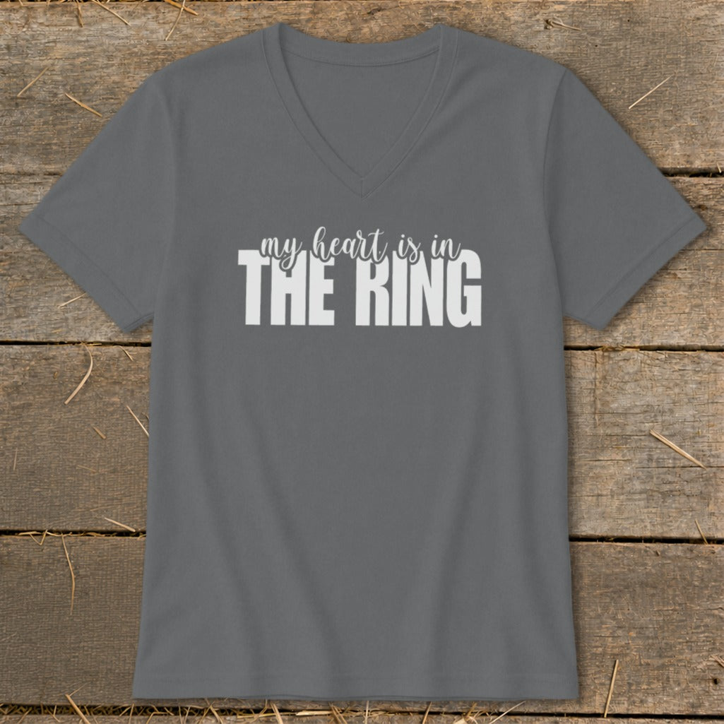 Gray v-neck t-shirt with "my heart is in THE RING" text.