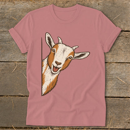 T-shirt with a cartoon goat peeking from the side.