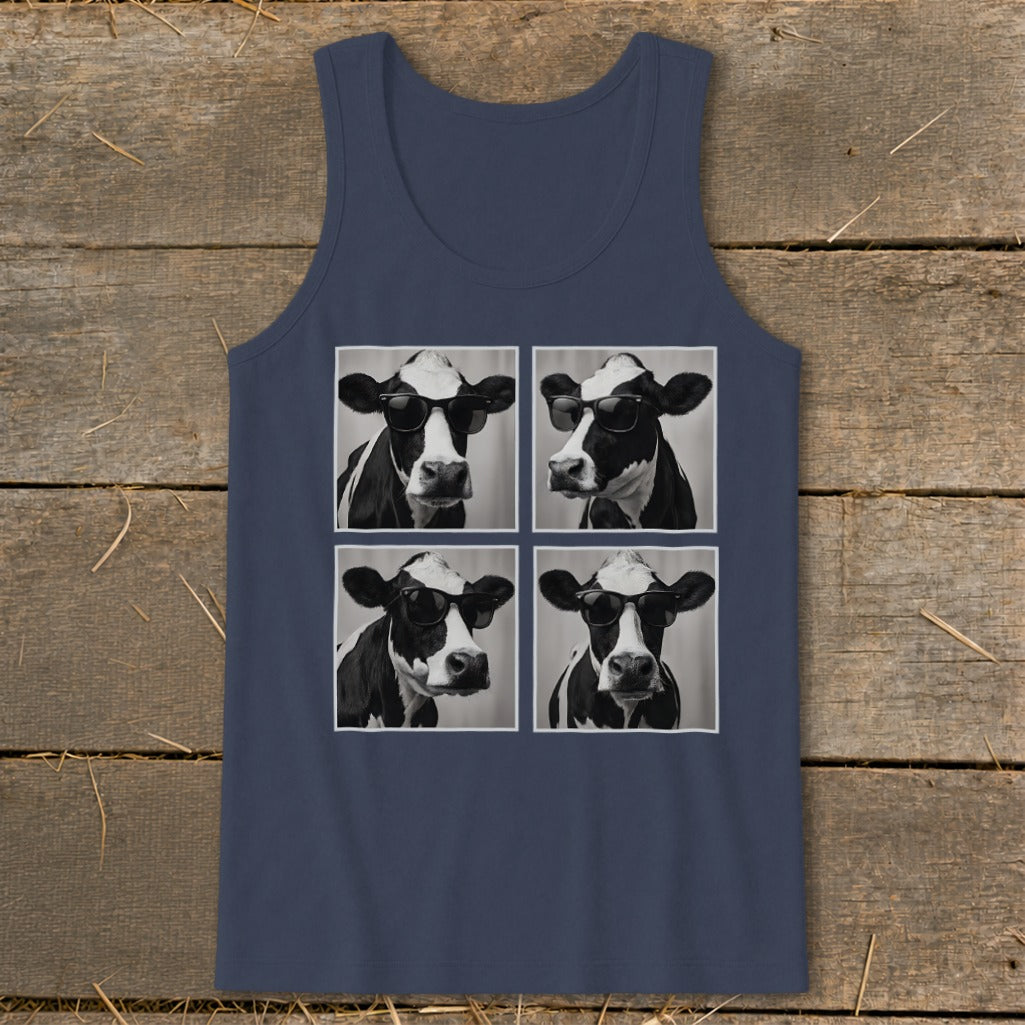 Dark blue tank top with four black and white portraits of cows wearing sunglasses.