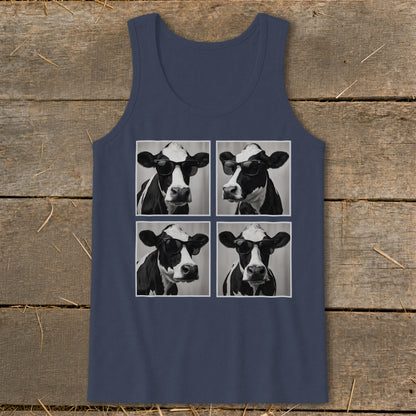 Dark blue tank top with four black and white portraits of cows wearing sunglasses.