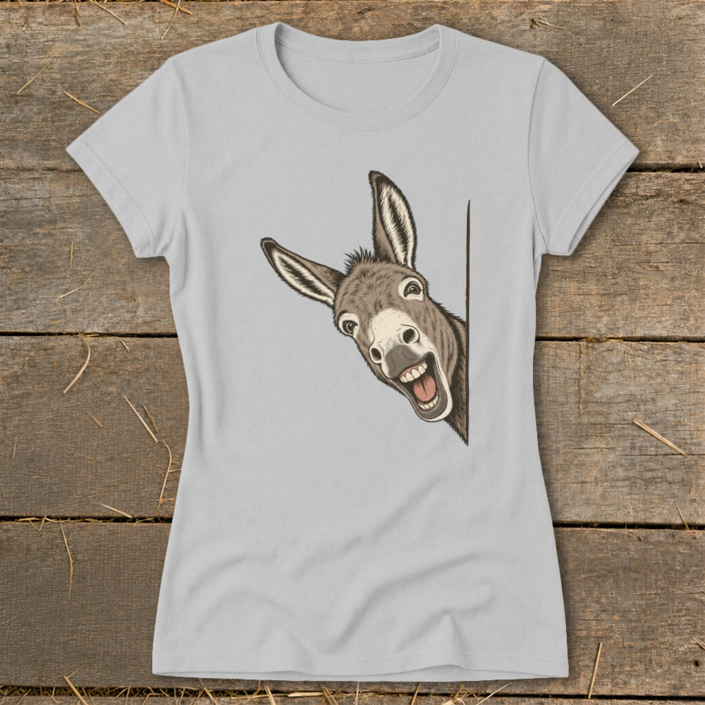 Gray t-shirt with a cartoon donkey peeking around a corner with a wide smile.
