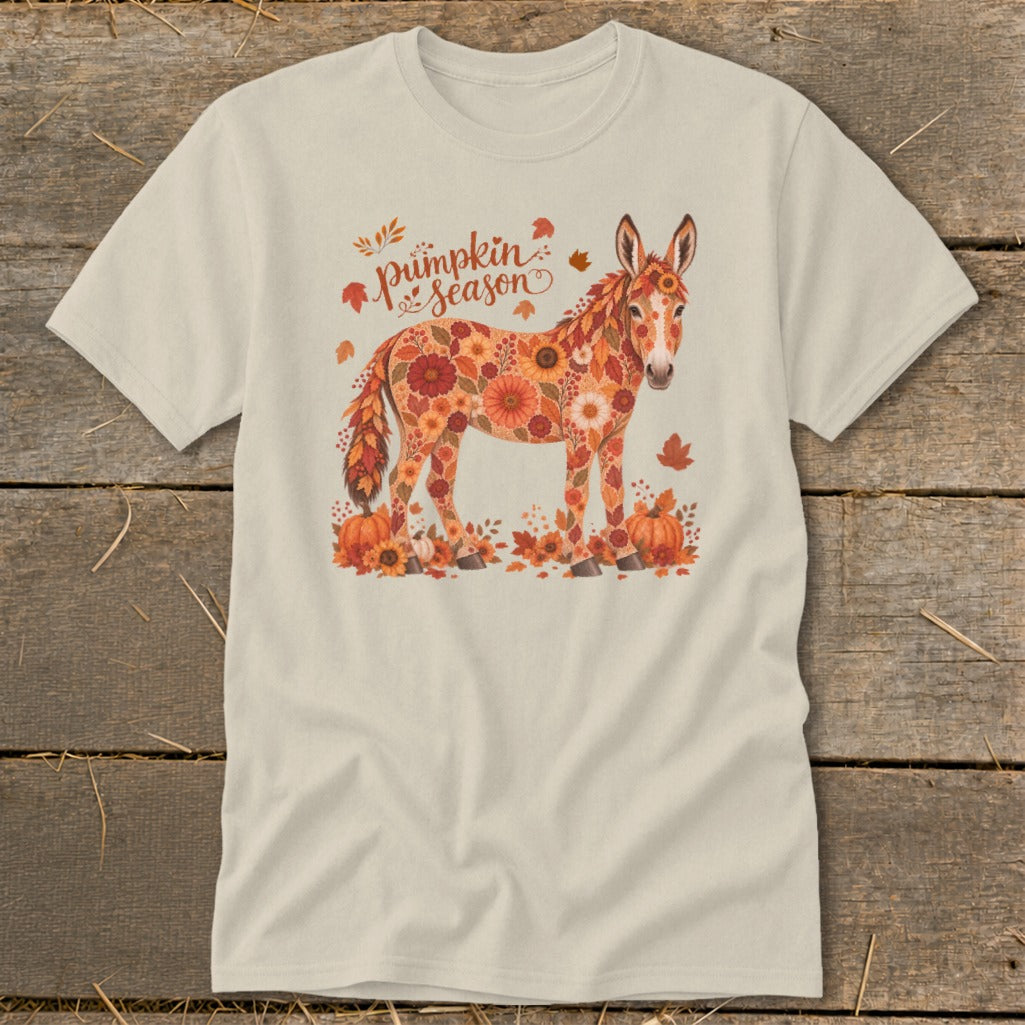 Cream t-shirt with floral donkey and pumpkins graphic, reading "Pumpkin Season."